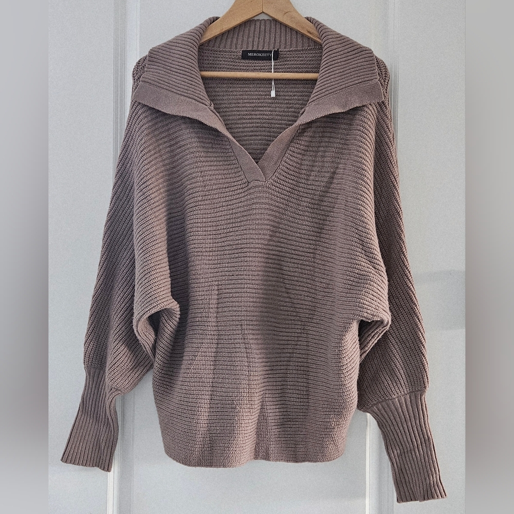 New Merokeety Collar V-Neck Brown Oversize Taupe Sweater ballon sleeve size M
